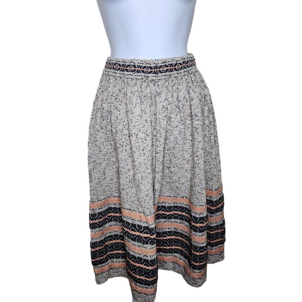 Vintage 70s Circle Skirt Stripe Womens Size XS Beige Tweed Aztec Waist